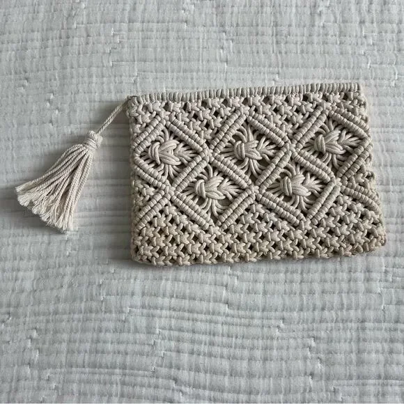 Boho Crochet Cream Macramé Clutch Bag Festival Zipper Purse Summer - Picture 2 of 13